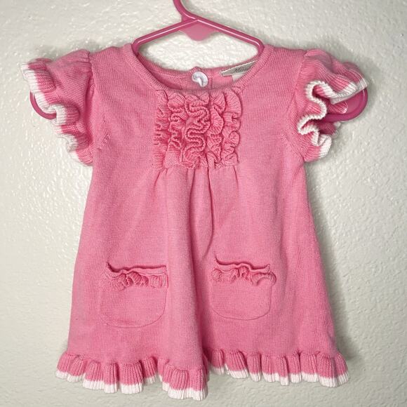 Adorable MANICLASIX Pink Knit Ruffle Baby Dress Ruffle Sleeves Barbiecore SZ 6M - Picture 1 of 9